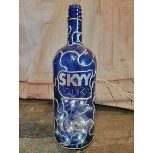 Large Blue Glass glitter handmade lighted bottle home decor - Picture 1 of 8